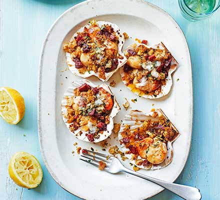 Scallops with chorizo & hazelnut picada