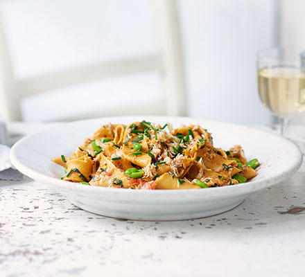 Homemade pappardelle with crab & broad beans