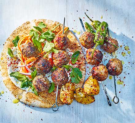 Barbecued meatball kebabs