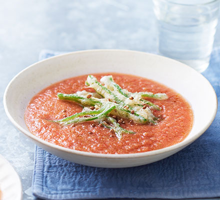 Gazpacho with runner bean tempura & pickled coriander seeds