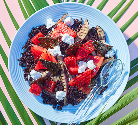 Grilled aubergine, watermelon & sesame salad