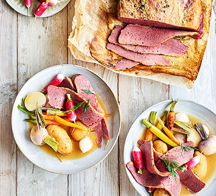 Poached salt beef & root veg