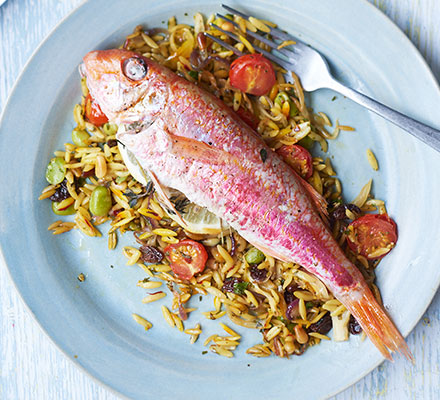 Red mullet with saffron baked orzo & broad beans