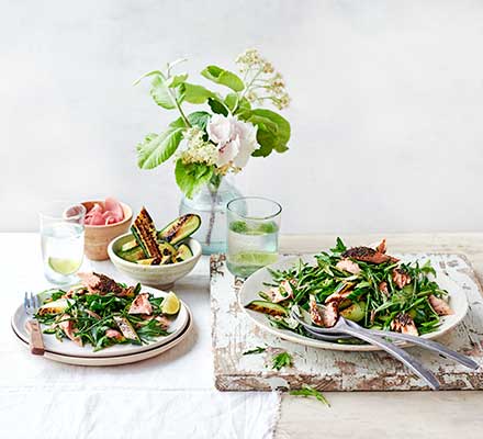 Salmon, samphire & charred cucumber salad