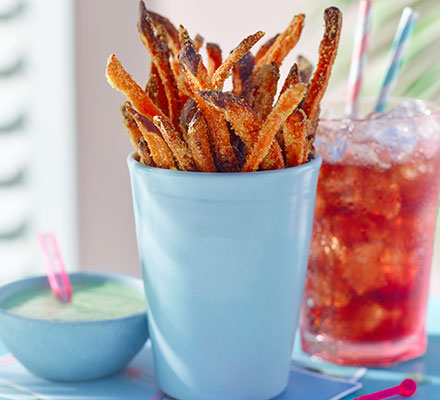 Polenta sweet potato fries with herby dip