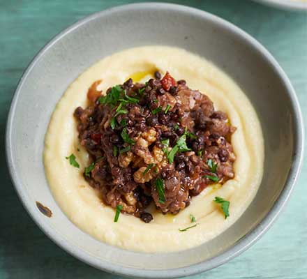 Aubergine, lentil & walnut ragu