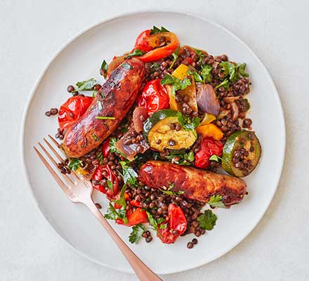 Sausage, roasted veg & puy lentil one pot