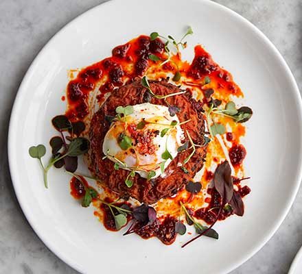 Sweet potato cakes with poached eggs