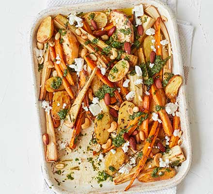 Roasted root veg traybake