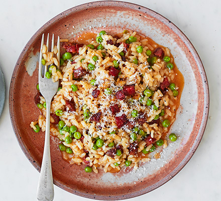 Chorizo & pea risotto