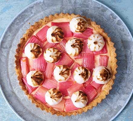 Rhubarb & custard meringue tart