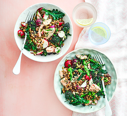 Salmon & purple sprouting broccoli grain bowl