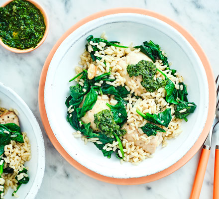 Roast chicken thighs with brown rice & salsa verde