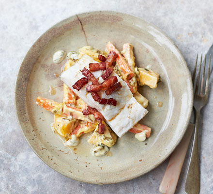 Salt cod with root vegetables, cream & bacon