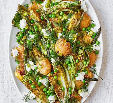 Roasted asparagus & smashed new potato salad