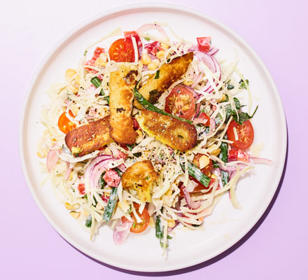 Cumin-spiced halloumi with corn & tomato slaw