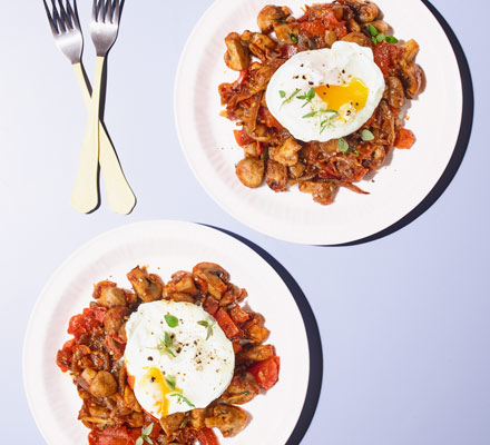 Mushroom hash with poached eggs