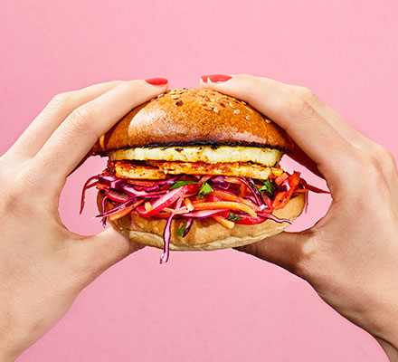 Spiced halloumi & pineapple burger with zingy slaw