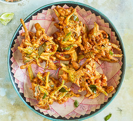 Runner bean & curry leaf bhajis with coconut chutney