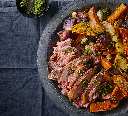 Moroccan roast lamb with roasted roots & coriander