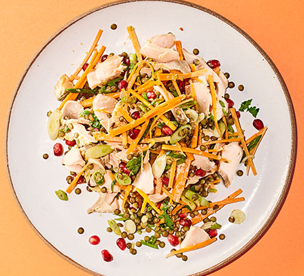 Miso roast salmon, lentil & pomegranate salad