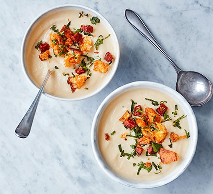 Cauliflower soup with chorizo and garlic croutons