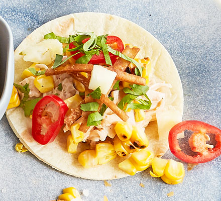 Mini jackfruit tacos with charred sweetcorn & gochujang mayo