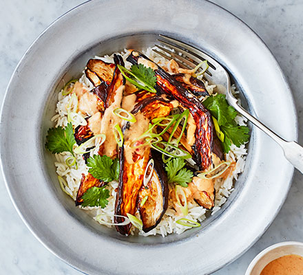 Roasted aubergine with chilli peanut dressing