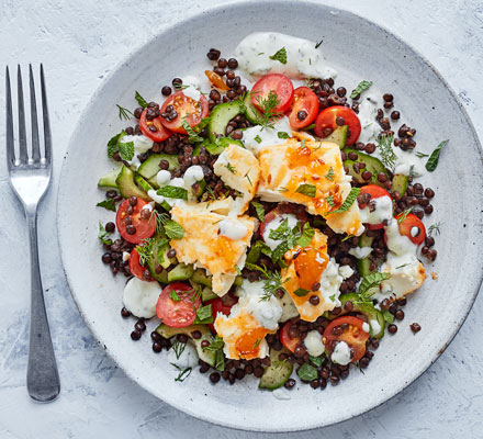 Mango chutney baked feta with lentils