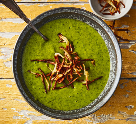 Leek, kale & potato soup topped with shoestring fries