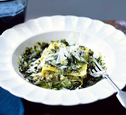 Ravioli with walnuts, goat’s cheese & cavolo nero sauce