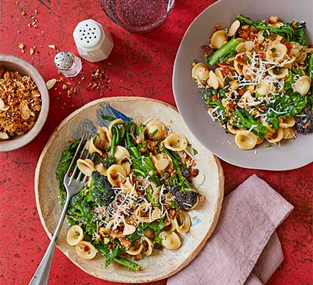 Purple sprouting broccoli orecchiette with an almond crumb