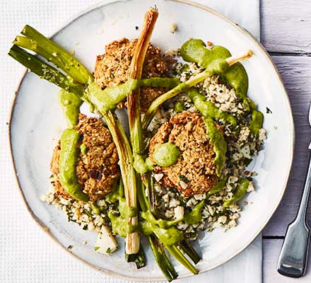 Baked falafel & cauliflower tabbouleh, green tahini sauce & charred spring onions