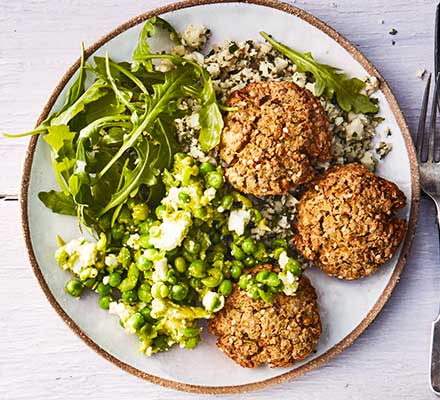 Baked falafel & cauliflower tabbouleh with avocado, pea & feta smash