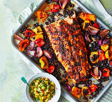 Blackened roast salmon with avocado & mango salsa