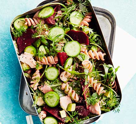 Scandi beetroot & salmon pasta