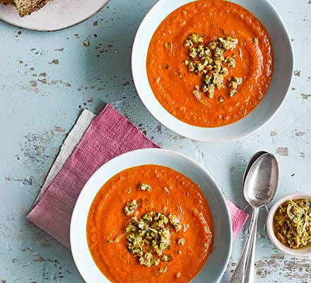 Smoky tomato soup with preserved lemon & green olive salsa