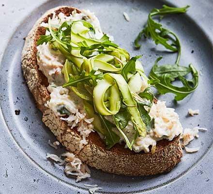 Crab & tangled asparagus salad on toast