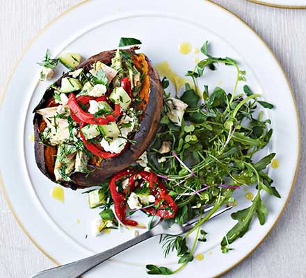 Blistered sweet potatoes with herby tuna