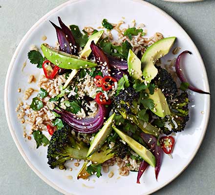 Avocado, roasted broccoli & sesame rice salad