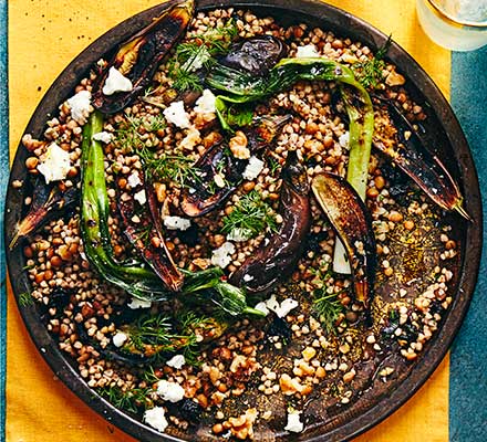 Buckwheat with charred baby aubergines