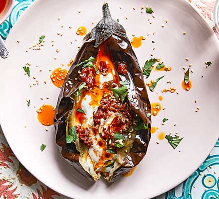 Roast aubergines with yogurt & harissa