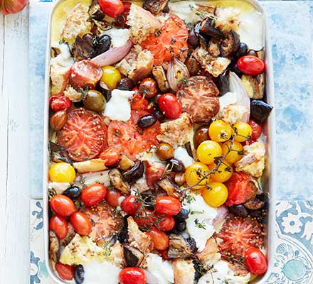 Lazy summer tomato & sourdough traybake