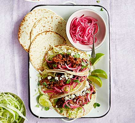 Smoky pulled aubergine & black bean tacos