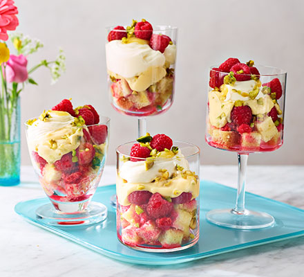 Raspberry, pistachio & lemon curd trifles