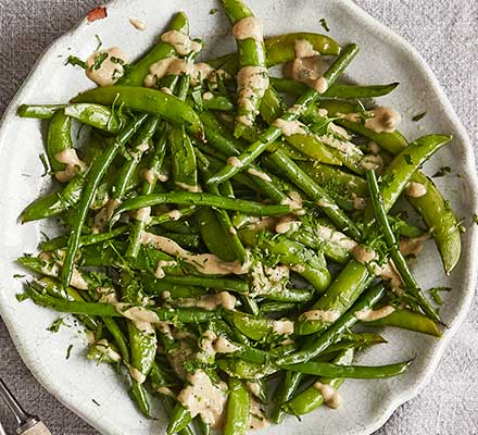 Roast sugar snaps & green beans with tonnato dressing