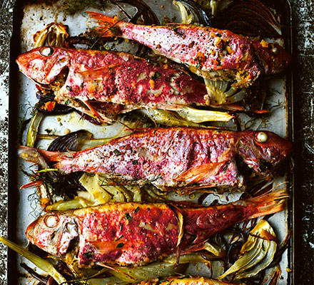 Baked anchovy-stuffed red mullet with fennel