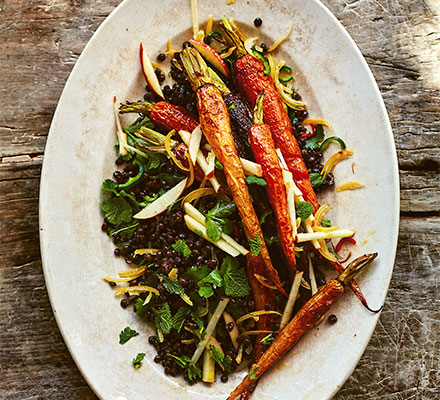 Salad of roast carrots, apple & lentils with chilli & preserved lemons