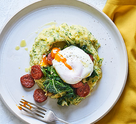 Polenta with chorizo & poached eggs