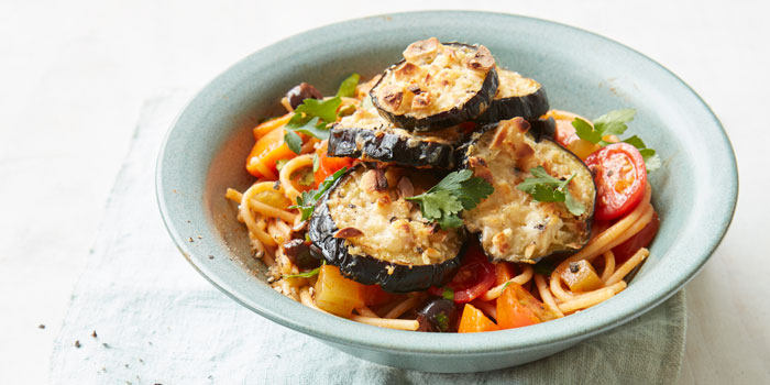 Cheesy aubergine & tomato spaghetti